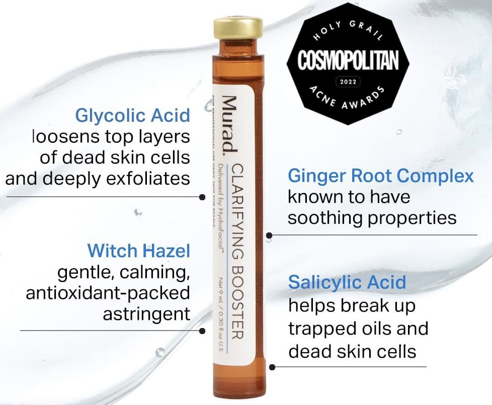 Murad Clarifying Booster ingredient breakdown showing salicylic acid and botanical extracts for acne-prone skin