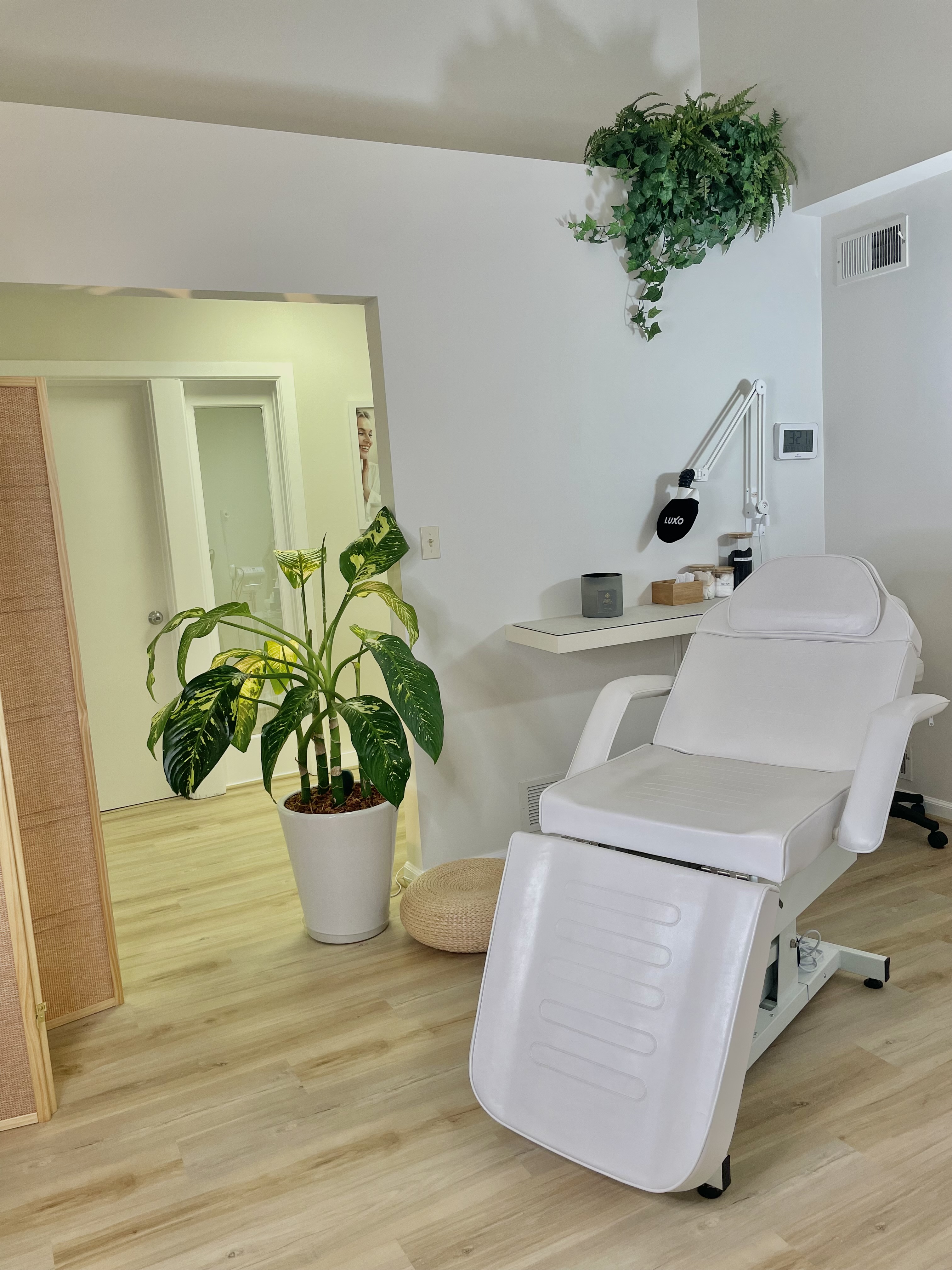 Treatment chair with natural light and plant view at The Skin Tune